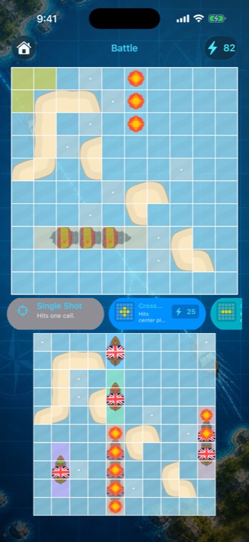 Trafalgar battle screen: two grids, the enemy waters above and your fleet below.