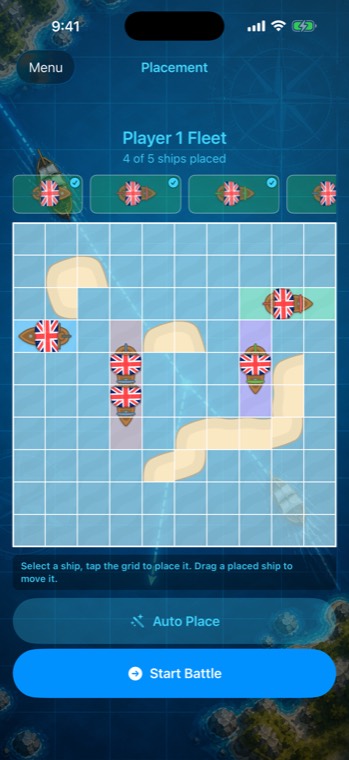 Fleet deployment screen with four ships of five placed.