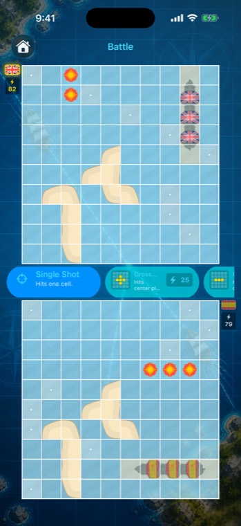 Two-player match on one device, with a flag and an energy bar for each player.