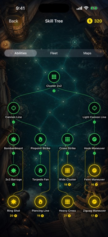 Skill tree with unlocked and purchasable nodes and the doubloon balance.