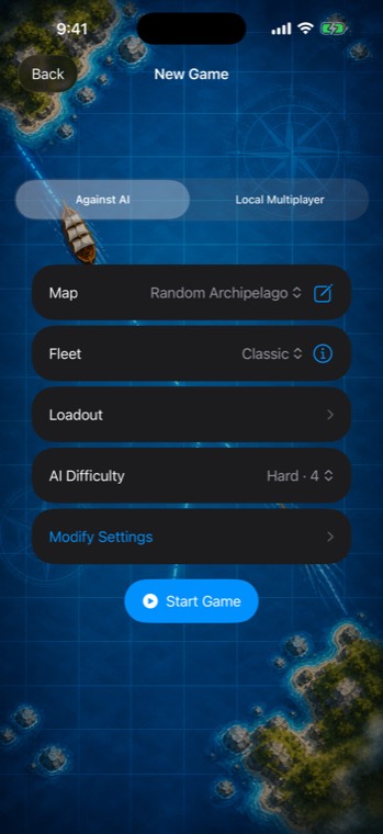 New game screen: map, fleet, loadout and difficulty.
