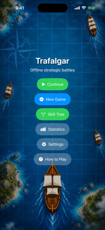 Trafalgar main menu over a nautical chart.